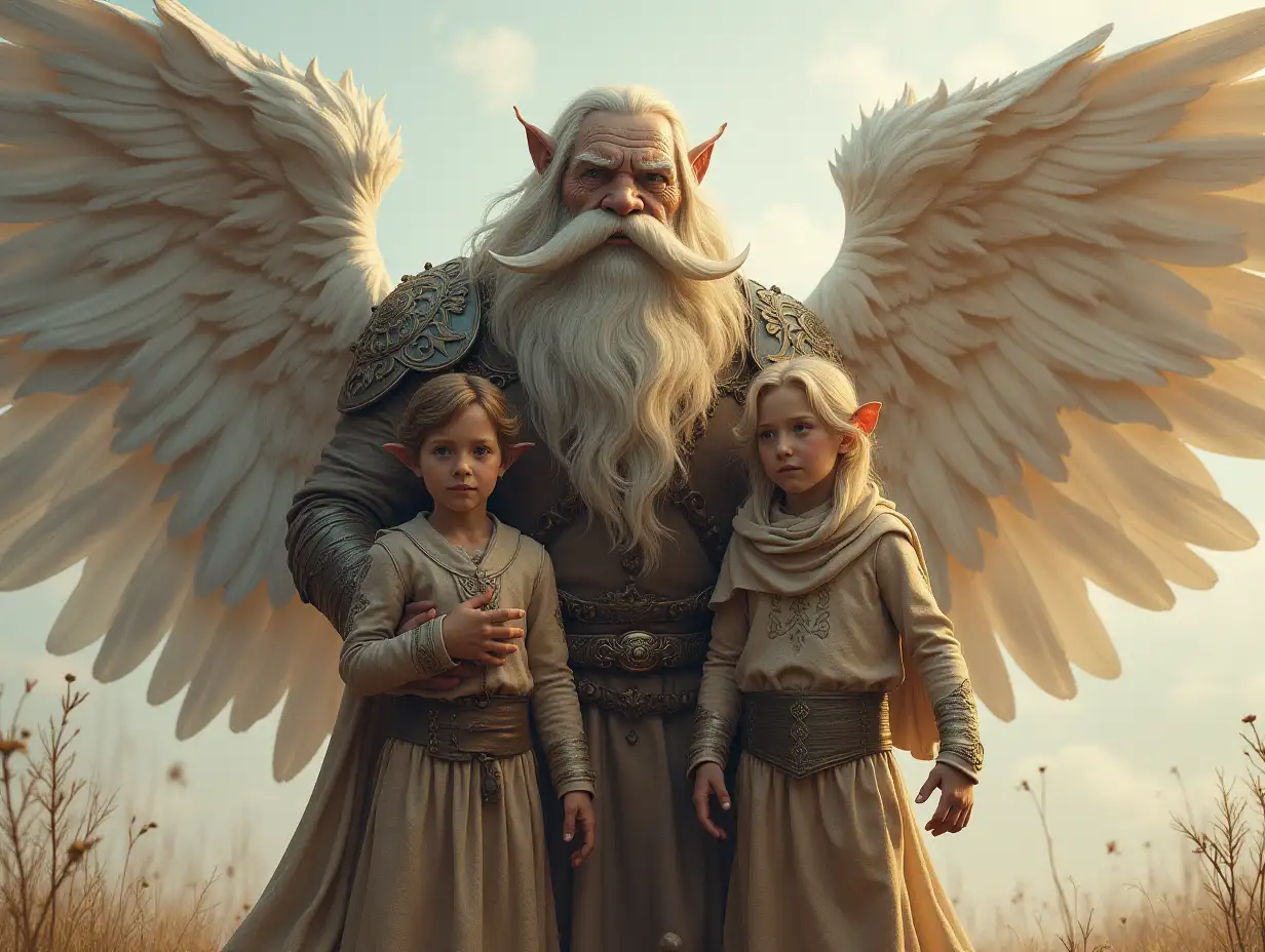 Celestial-Family-Fantasy, Man with angel wings and children giant mammoth face with beard and angel wing armor outfit