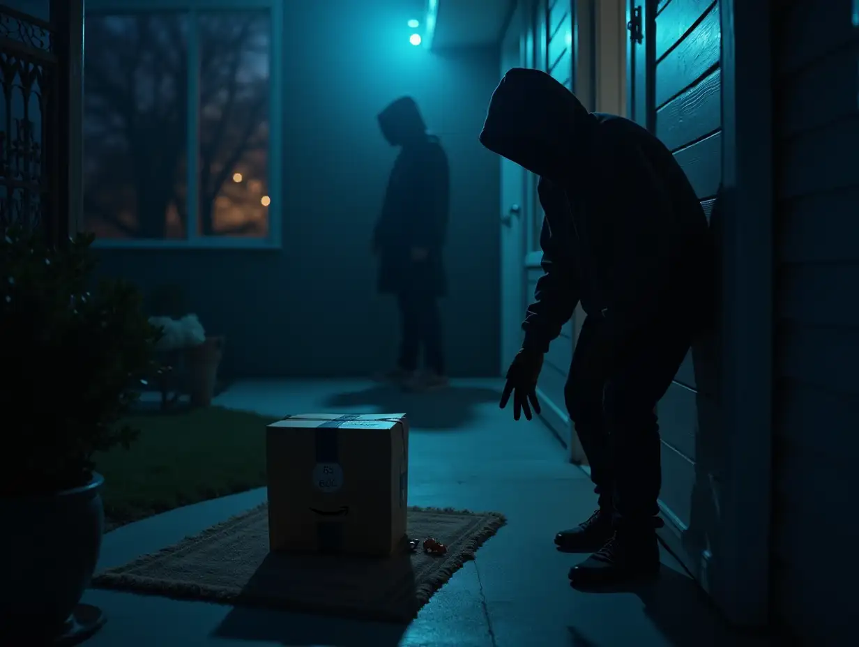 Create a hyper-realistic, cinematic scene of a shadowy figure in a hooded jacket creeping toward a suburban porch at twilight. The focal point is a pristine, glowing Amazon package left on a weathered welcome mat, bathed in the eerie blue light of a motion-activated porch camera. Behind the thief, blurred in the background, a silhouetted homeowner watches from a window—their face partially illuminated by the glow of a phone screen displaying a security app notification. Style: Gritty neo-noir meets modern true crime documentary. Use high contrast between cold steely blues (security lights, phone screens) and warm, ominous oranges (distant streetlights, the faint glow of the package’s contents spilling out). Add subtle surreal touches: faint transparent overlays of a pulsing brain scan (symbolizing the thief’s psychology) and claw-like shadows stretching toward the package. Mood: Suspenseful duality—innocence (toy peeking out of the package) vs. menace (the thief’s gloved hand frozen mid-reach). Include a distorted reflection in the porch camera lens showing the channel’s logo (‘Unboxing the Underworld’) like a hidden watermark. Optional Add-Ons: A motion blur effect on the thief’s legs, as if caught between fleeing and committing the act. A crow perched on a nearby fence, head tilted ominously toward the scene. Faint glowing text in the corner: ‘What Would You Do?’ styled like a retro VHS tape glitch.