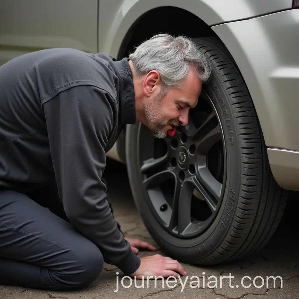 Man-with-Grey-Hair-Licking-a-Car-Tire-in-an-Unusual-Scene