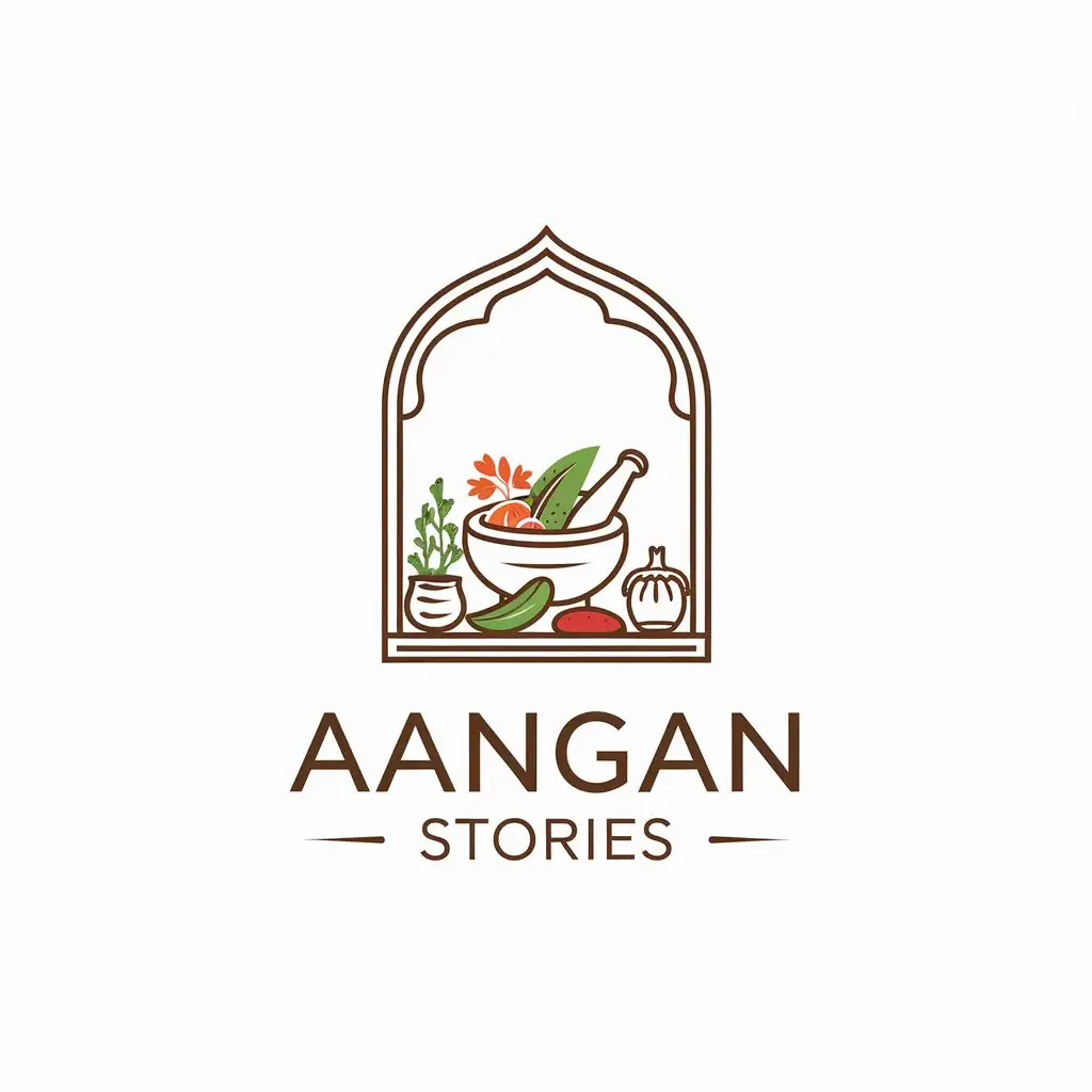 LOGO Design for Aangan Stories Indian Courtyard with Fresh Food and Mortar Pestle Theme