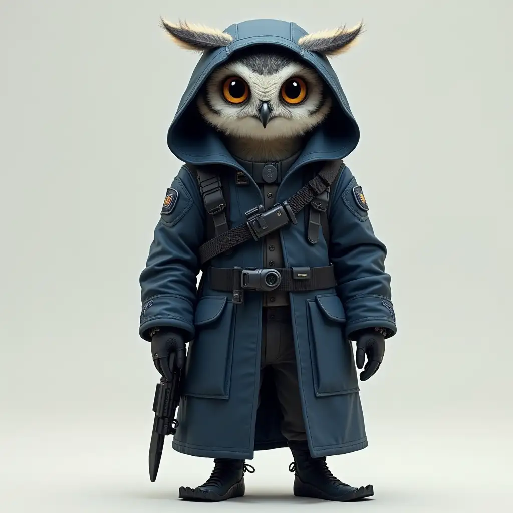 A anthropomorphic short cute baby speckled owl investigator designed for award winning character design. His sleek, mottled beautiful feathers cover his face, but his hands wear gloves. He is wearing a weathered futuristic fashion dark navy blue trench coat that extends to mid-thigh. The coat features few faint blue glow lines along the seams, subtly illuminating his silhouette. His head covered wearing a wide hood that adds a mysterious air.  A lightweight harness wraps across his chest, holding pouches. He also has a belt with holster for his sci-fi gun. He is wearing a holographic watch on his left wrist. Tactical boots with knife.