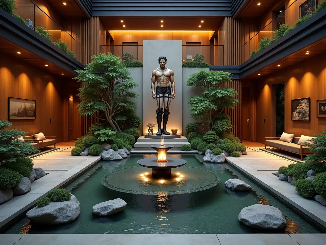 Large modern living room with fountain, Attack on Titan Statue, lighting with furniture, plants with Zen garden with carefully tended rocks, a meditative 180 degree capture 8K resolution Vibrant