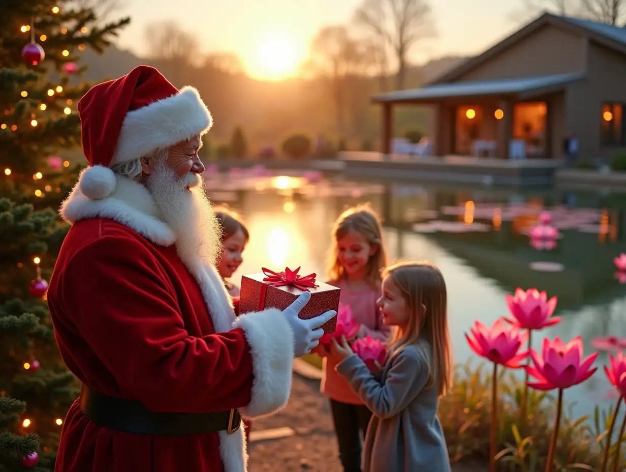 in the foreground, a cheerful and smiling Santa Claus gives gifts to happy five children, all of them standing near a Christmas tree that can be seen in full growth, and behind them there is a view of a large pond with large pink water lilies, on the other side of the pond with large pink water lilies, children and other people are walking and playing by the water, on the other side also there is a simple wooden pergola and a chalet house with panoramic windows in all walls from the floor to the roof, that is, each wall is a panoramic window, everything else around the pond is a minimalist landscape design., Houses and trees are decorated with bright garlands of lights, sunset and lots of sunset sunlight, the foreground is in focus and the background is blurred