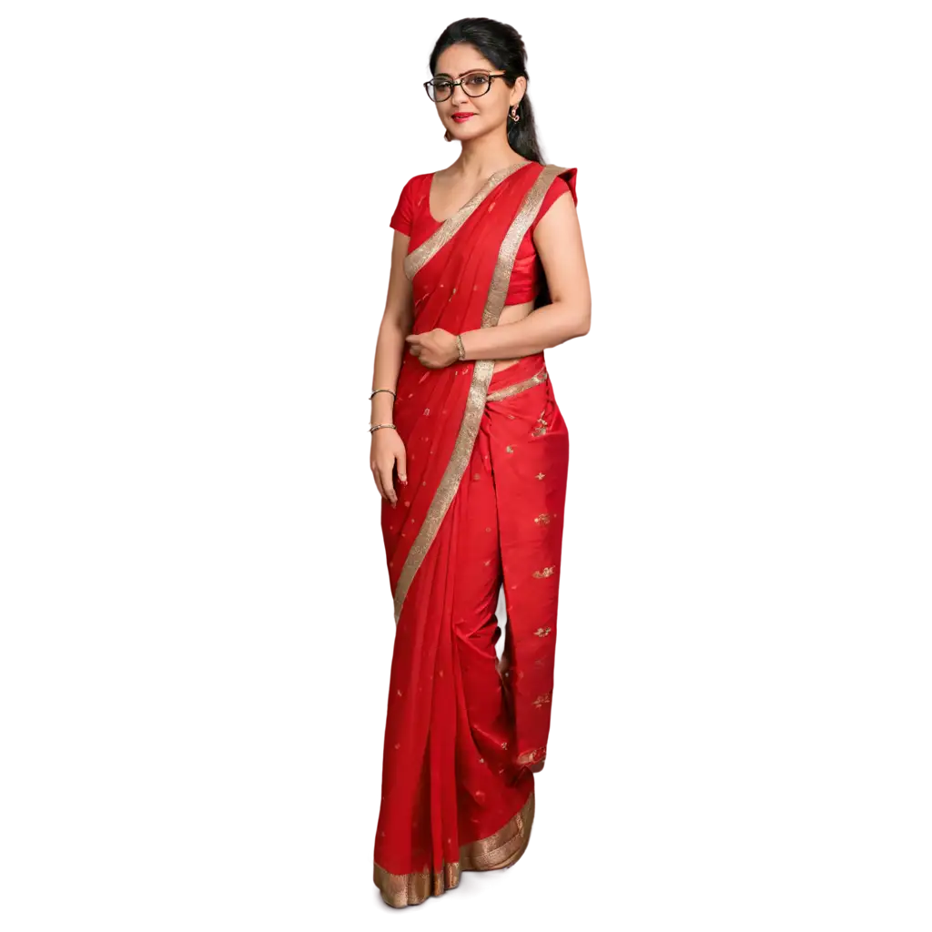 Standing pic of lady in red saree and glasses