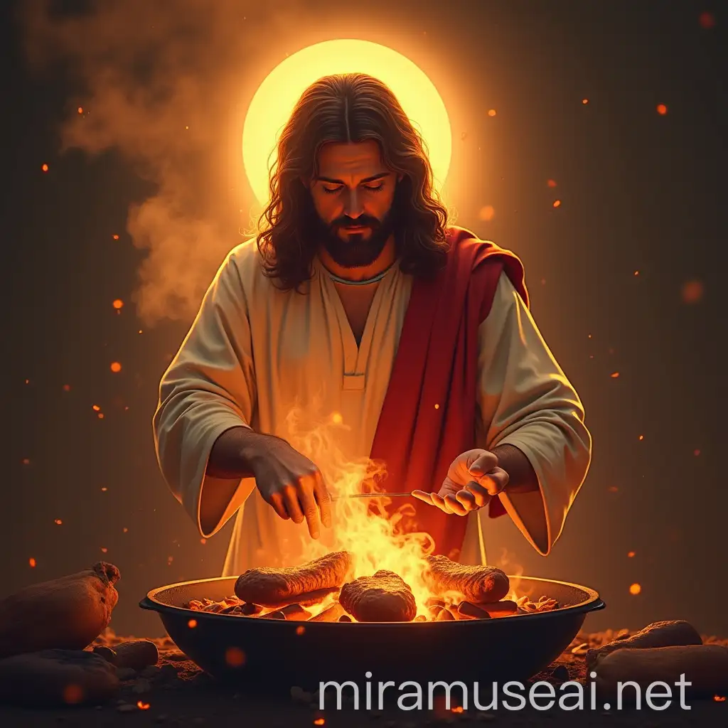 Jesus with a Halo Enjoying a Barbecue Gathering