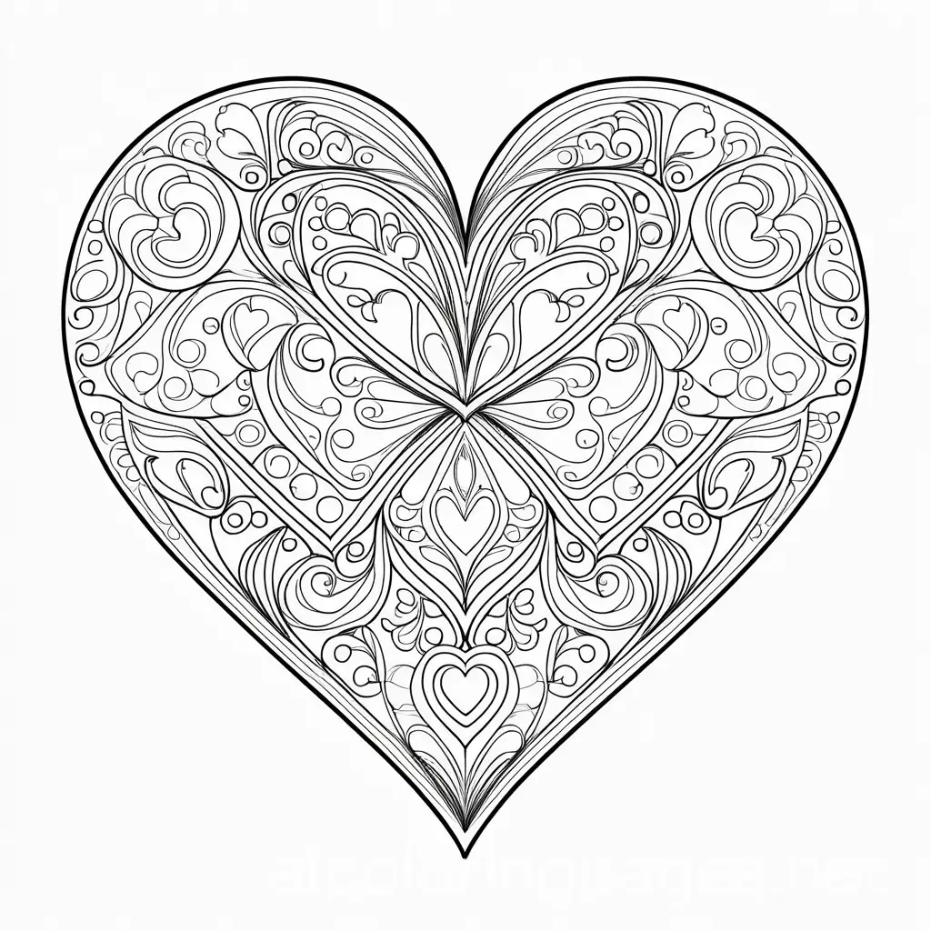 heart, Coloring Page, black and white, line art, white background, Simplicity, Ample White Space. The background of the coloring page is plain white to make it easy for young children to color within the lines. The outlines of all the subjects are easy to distinguish, making it simple for kids to color without too much difficulty