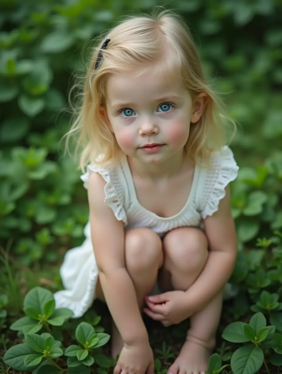 Adorable little girl. Blue eyes. Bare shiny pale skin. Essence of innocent childhood wonder in a leafy green setting. Legs and bare feet visible.