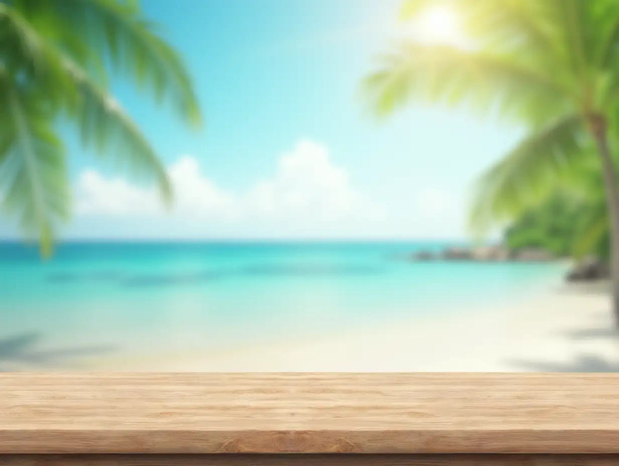 Wooden table top with the blurred tropical beach landscape for display or montage your products. AI generative.