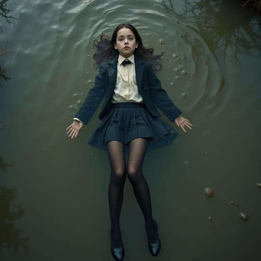 A young schoolgirl in a school uniform, in a skirt, jacket, blouse, dark tights, high-heeled shoes. She is swimming in a dirty pond, lying underwater, all her clothes are completely wet, wet clothes stick to her body, the whole body is underwater, submerged in water, under the surface of the water, below the water's edge.