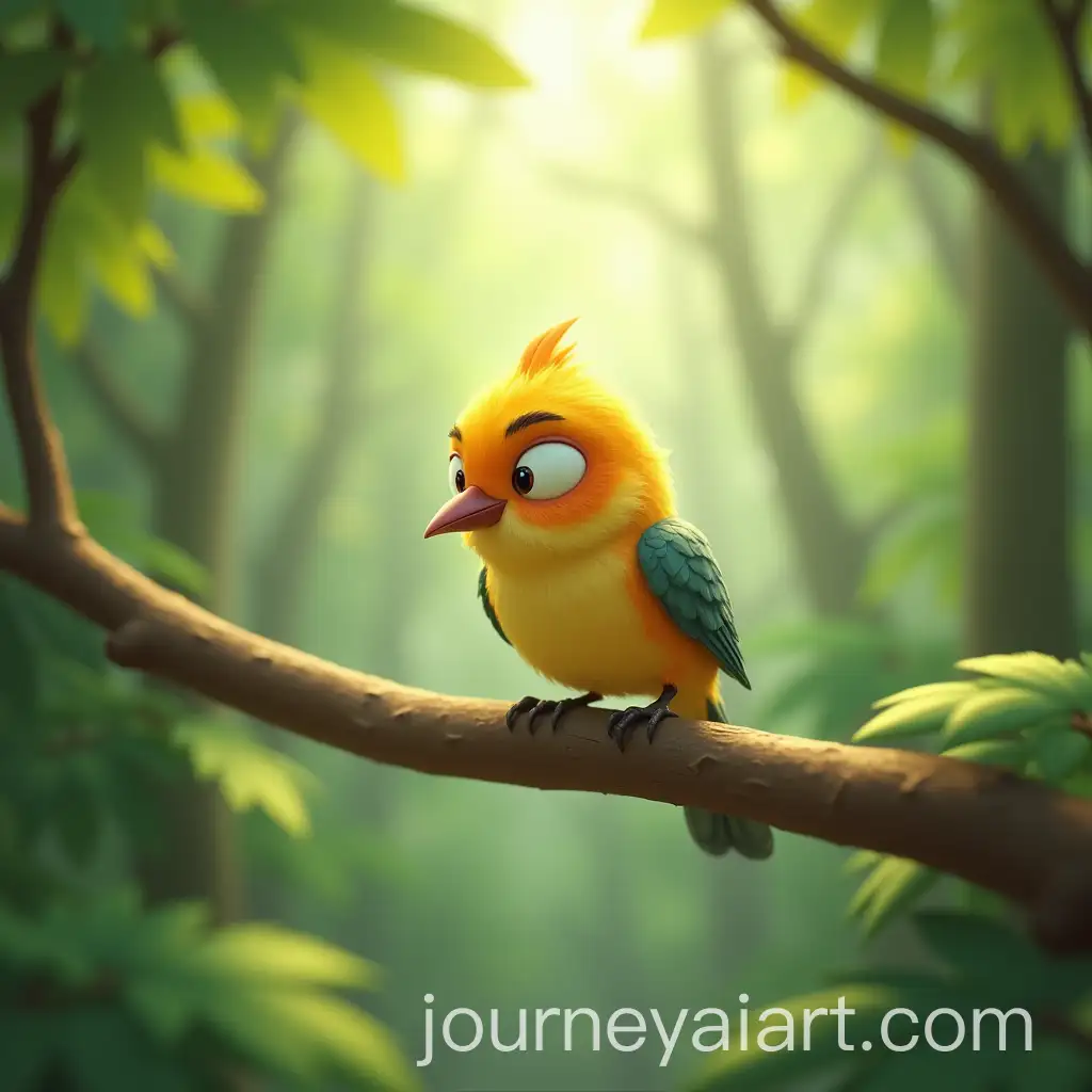 Colorful-Nervous-Bird-Perched-on-Branch-in-Bright-Forest