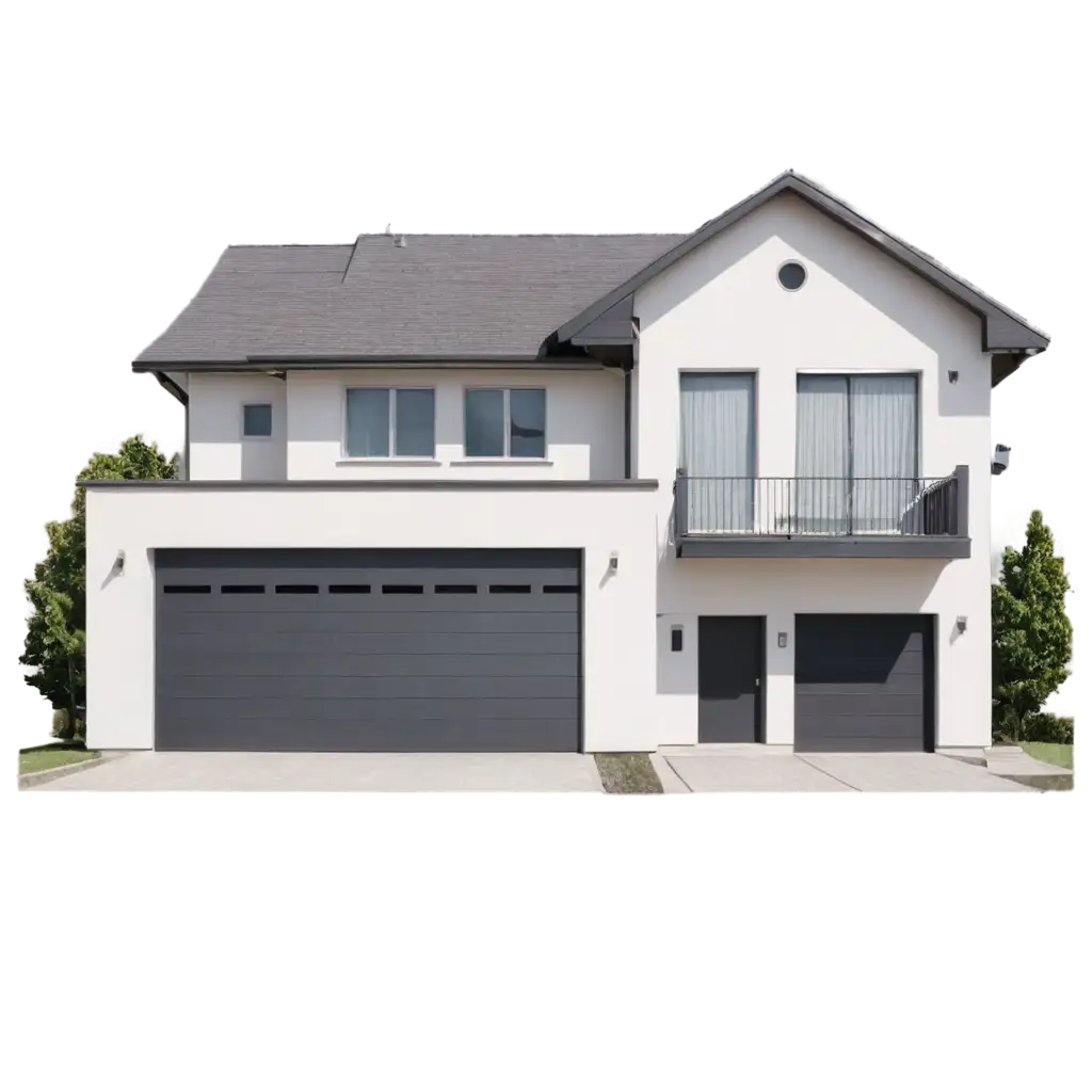 Front view of a modern white family house with a garage for cars isolated on a transparent background