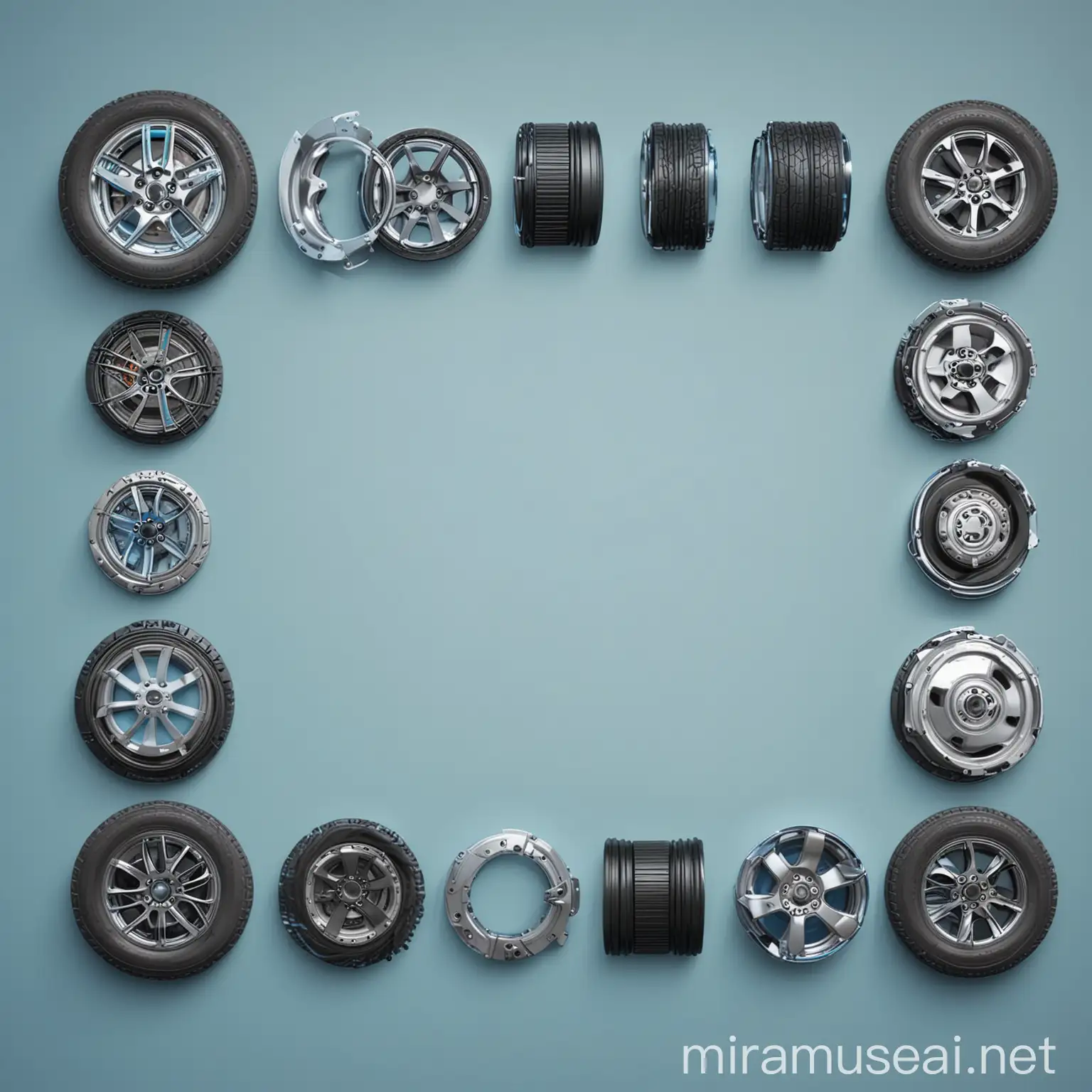 Realistic 3D Car Parts on Clear Light Blue Gradient Background