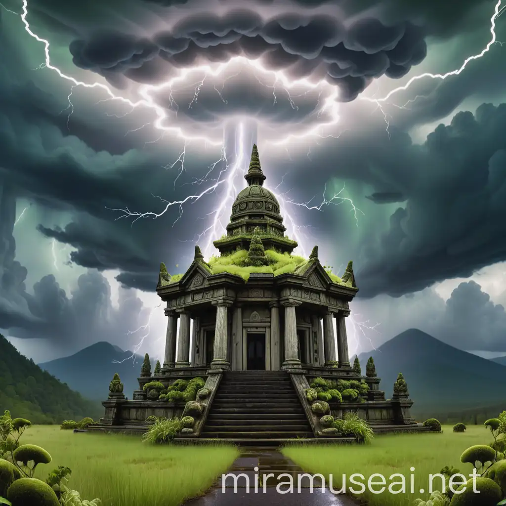 Symmetrical Wheel Spinning in Sky Casting Lightning over Mountain Temple