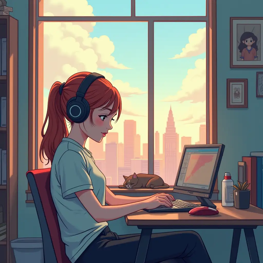 manga image of a 30-year-old woman for a lo-fi music youtube channel, the woman is in her room with a university study atmosphere, wearing casual clothes, music headphones, a large window, with a very cute pet in the window frame quietly resting, 16:9 format, an image for the cover of a lo-fi music channel. I'm looking for an image that captures the relaxing and nostalgic essence of this musical genre.nSome details that I would like you to include in the image are:n- Soft and warm colors.n- A tranquil atmosphere, perhaps with an urban scene or work space.