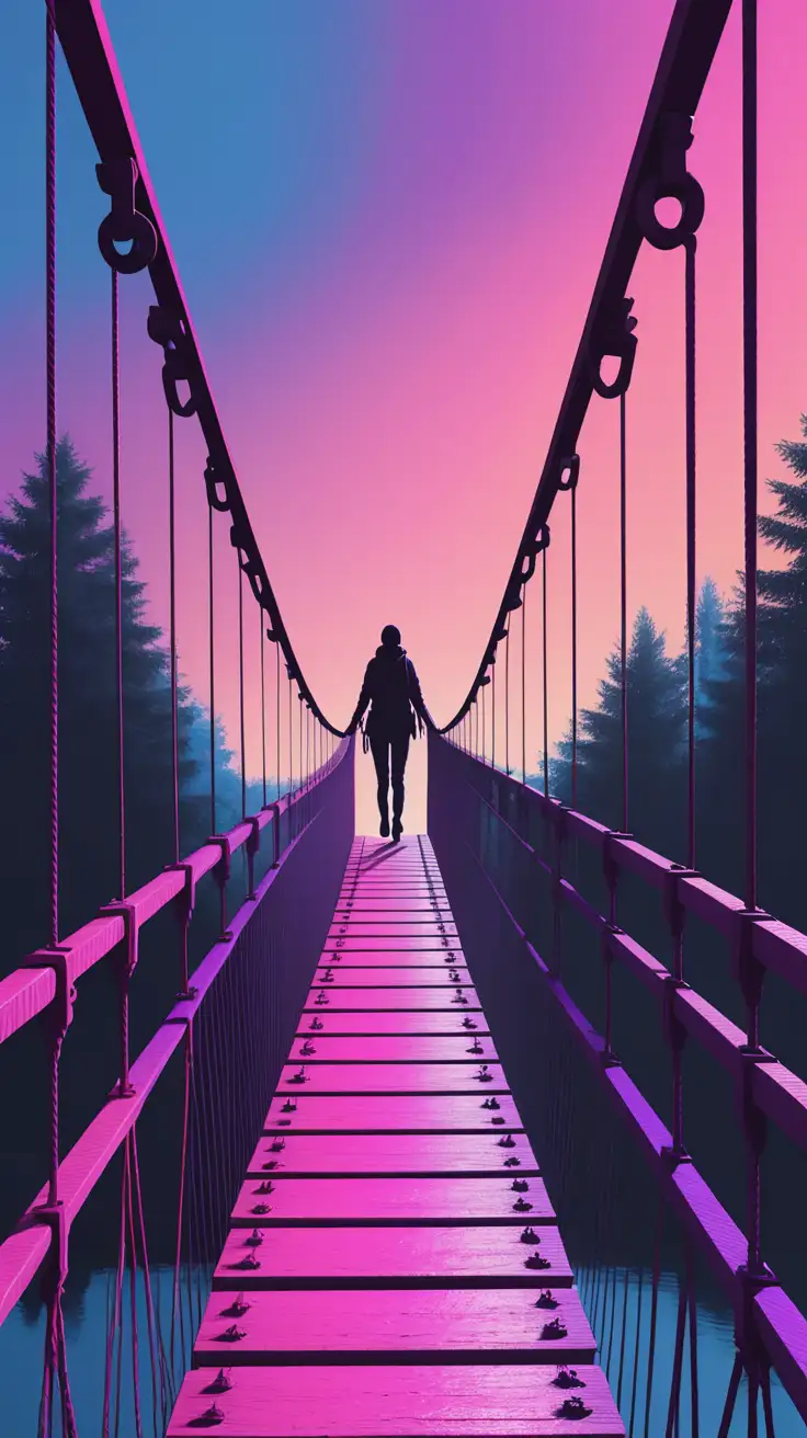 Create a realistic render of a silhouetted person crossing a foot suspension bridge. We will be looking at the person from behind as they hold on to the two sides of the bridge. Use pink blue violet and orange hues.