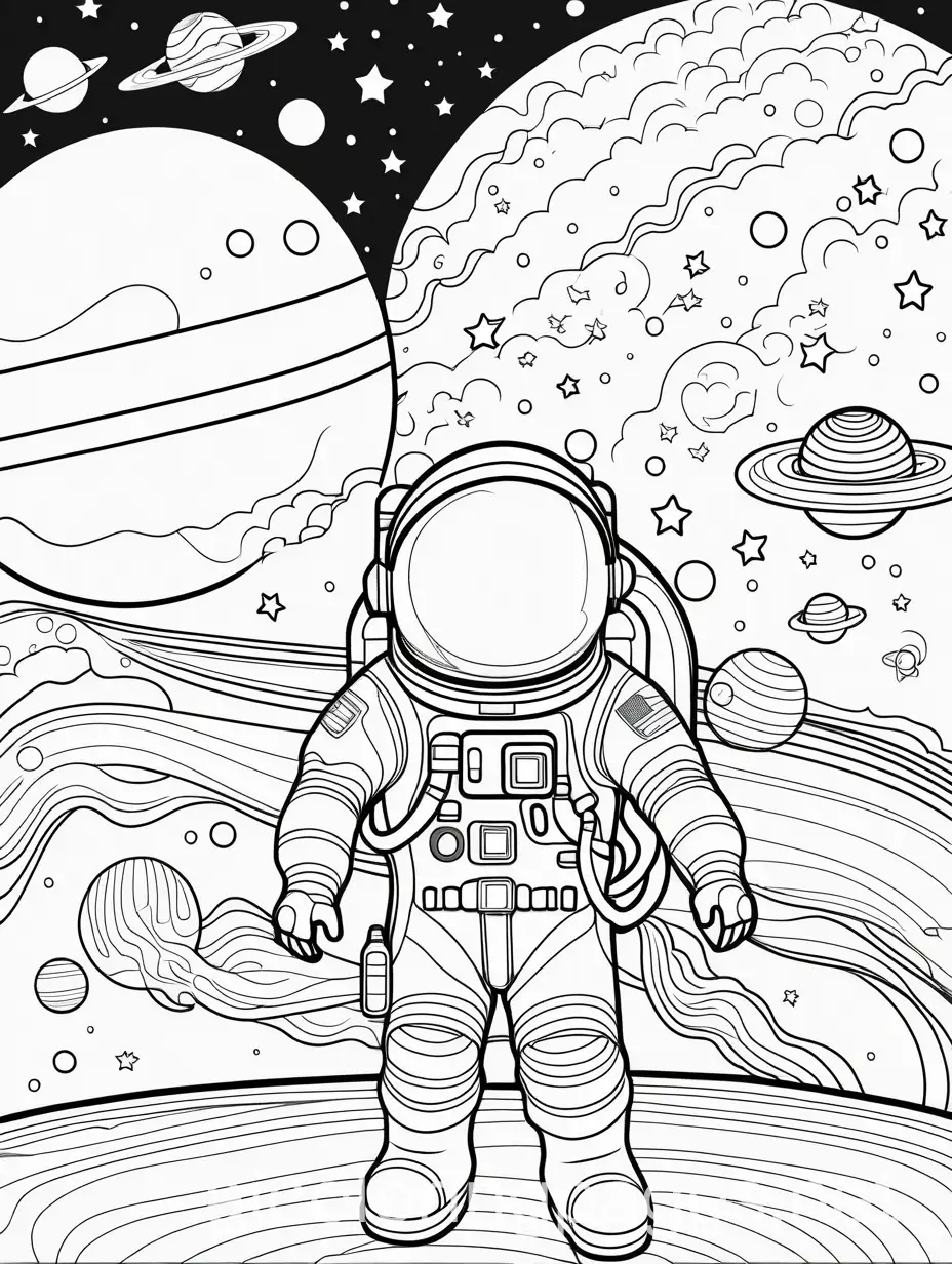 space adventures, Coloring Page, black and white, line art, white background, Simplicity, Ample White Space. The background of the coloring page is plain white to make it easy for young children to color within the lines. The outlines of all the subjects are easy to distinguish, making it simple for kids to color without too much difficulty