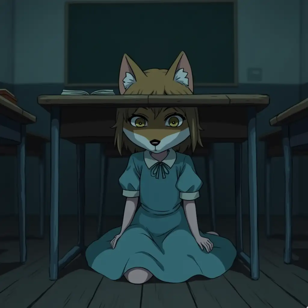 A girl in a light blue dress. She is wearing a mask of a fox on her face. She is hiding under the desk in a classroom. The whole picture is dark and creepy. Anime style.