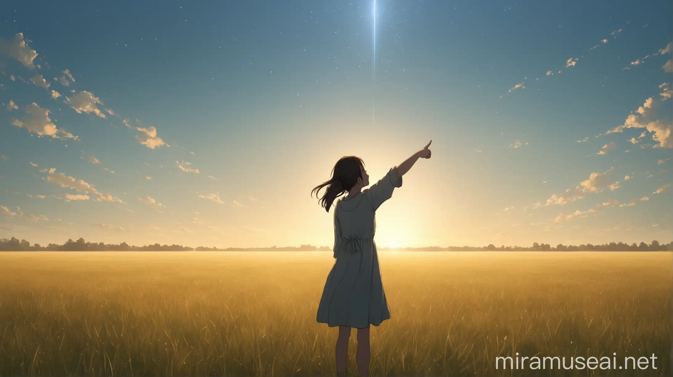 Young Girl in Open Field Pointing to the Sky