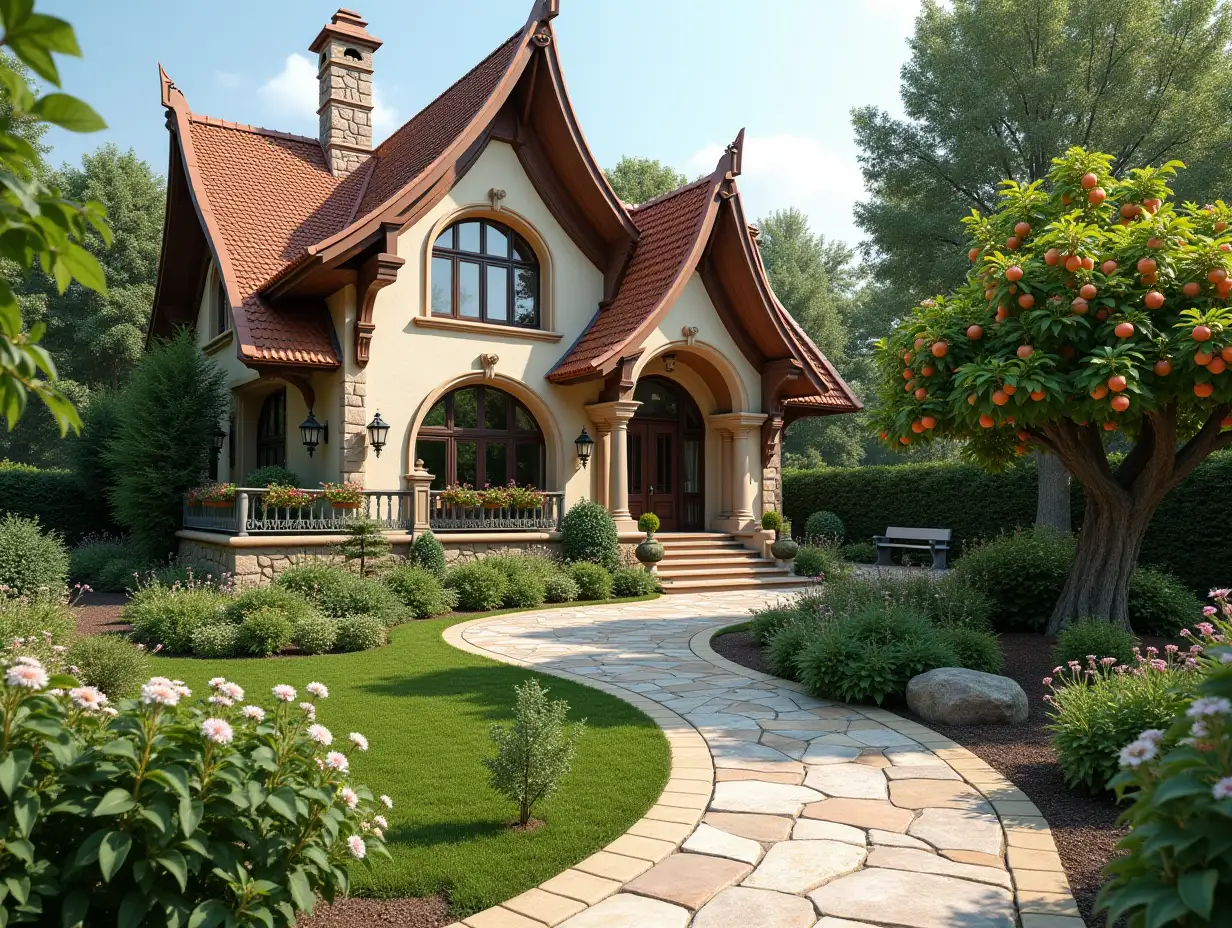 crooked house garden planting-with stucco in the form of plant ornaments, large windows with glass closed, curved, smooth window shapes, winding large entrance steps made of marble Complex curved roof with dike,Lanterns,bench apple tree 4K resolution Colorful superWide-angle shots