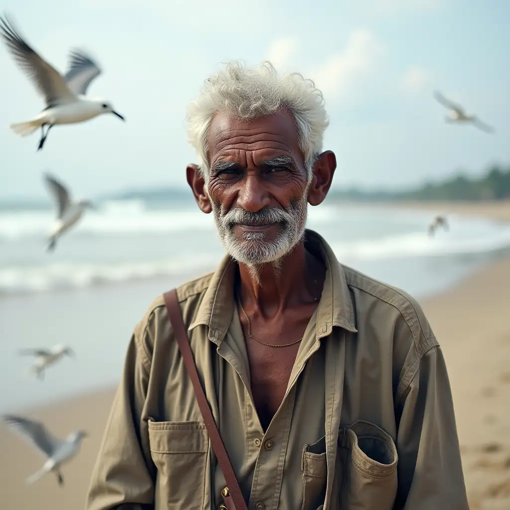Elderly-Fisherman-in-Traditional-Attire-on-a-SeagullFilled-Beach