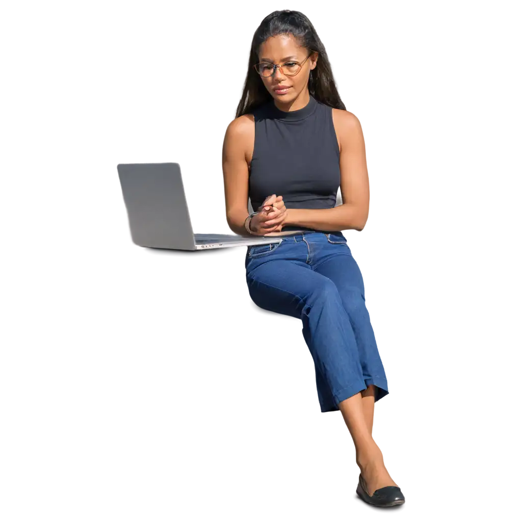 Professional-PNG-Image-of-a-Woman-with-Laptop-and-Phone-During-Conversation