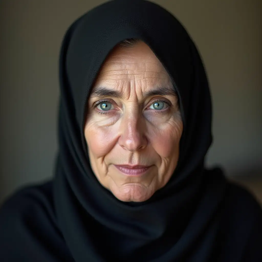 A 50-year-old Iranian woman with a full hijab, of medium to tall height, with a four-shouldered figure Wide face, slightly prominent cheeks, large and elongated blue-gray eyes An elongated nose that is not big medium lip Almost straight eyebrow with very little curvature No makeup