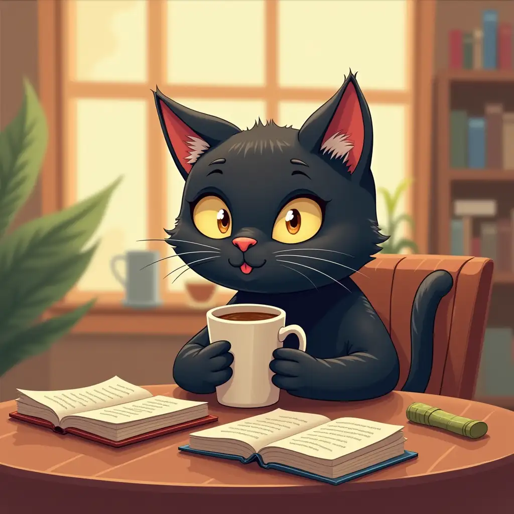 Cartoon-Black-Cat-Enjoying-Coffee-and-Books-in-Cozy-Cafe-Setting