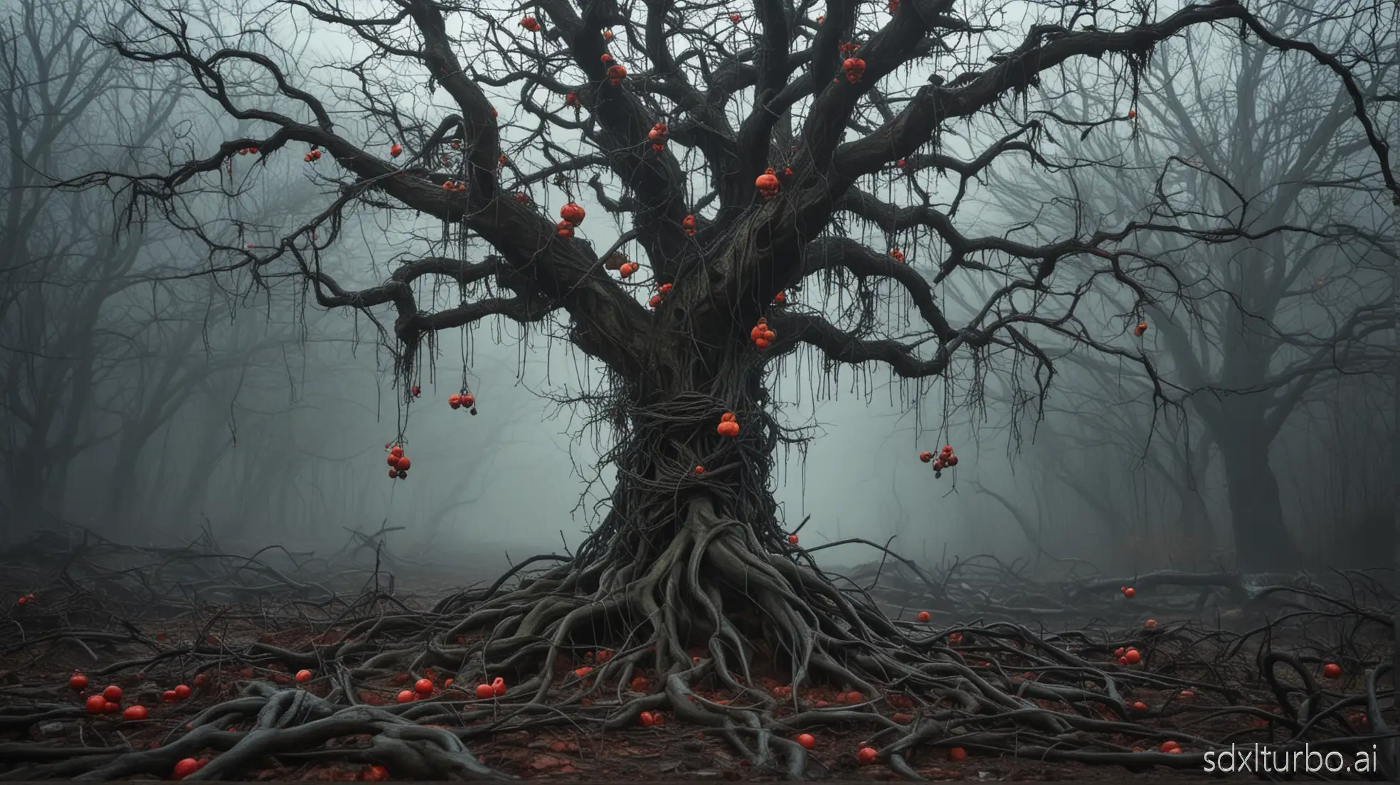 A surreal, moody scene of a twisted, gnarled tree with glowing, toxic-colored fruit (e.g., sickly green, glowing red), oozing or dripping a dark liquid. The roots of the tree are entangled with barbed wire or growing from a skull, symbolizing corruption. In the background, a barren, misty landscape with no signs of life. The fruit looks alluring but dangerous. High detail, cinematic lighting, painterly style.
