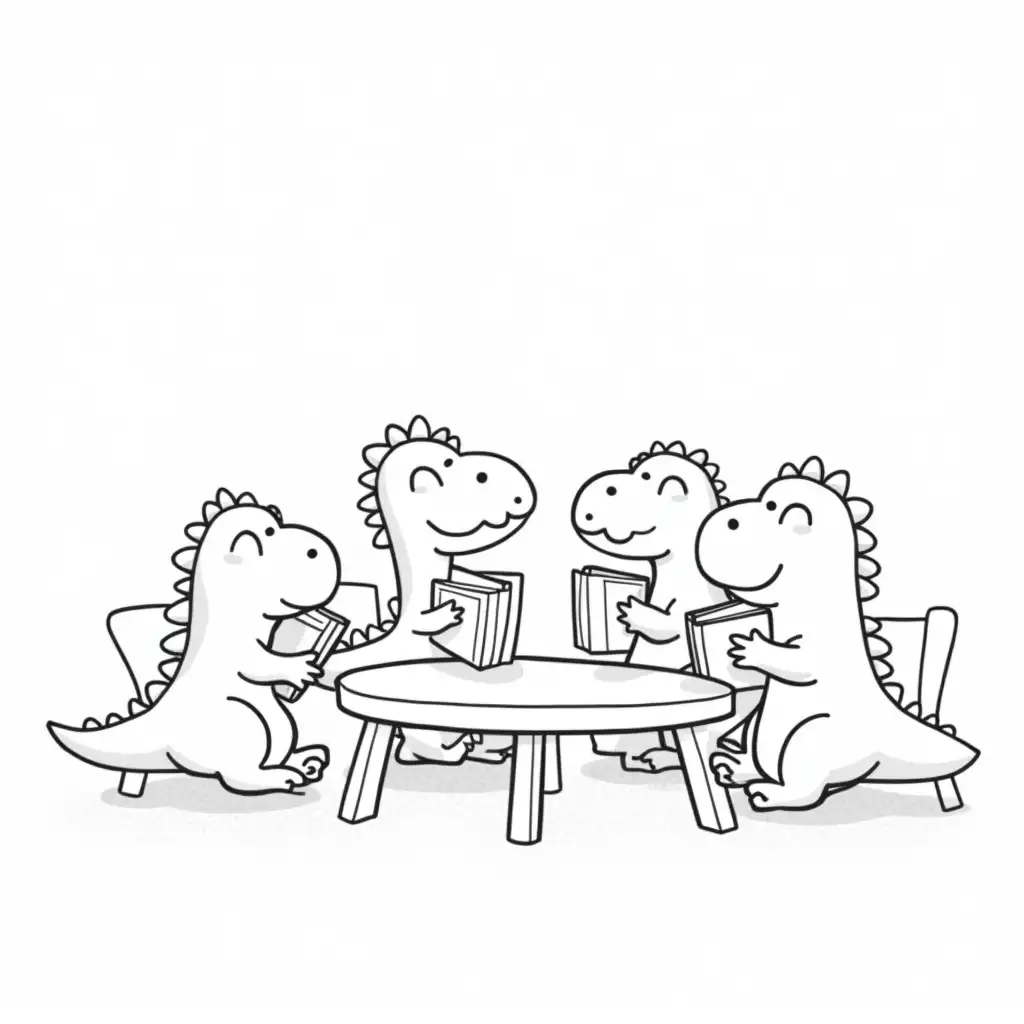 Cartoon Dinosaurs with School Books in Classroom Coloring Page