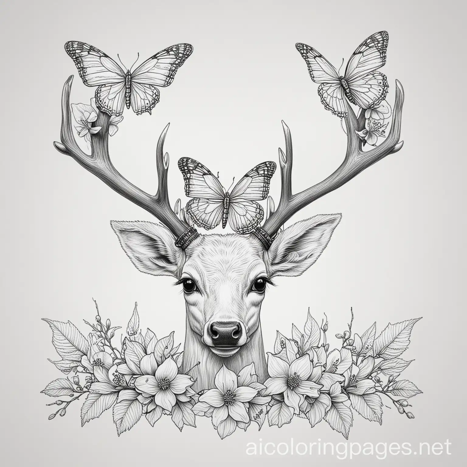 Deer-Antlers-with-Butterfly-and-Dogwood-Flowers-Coloring-Page