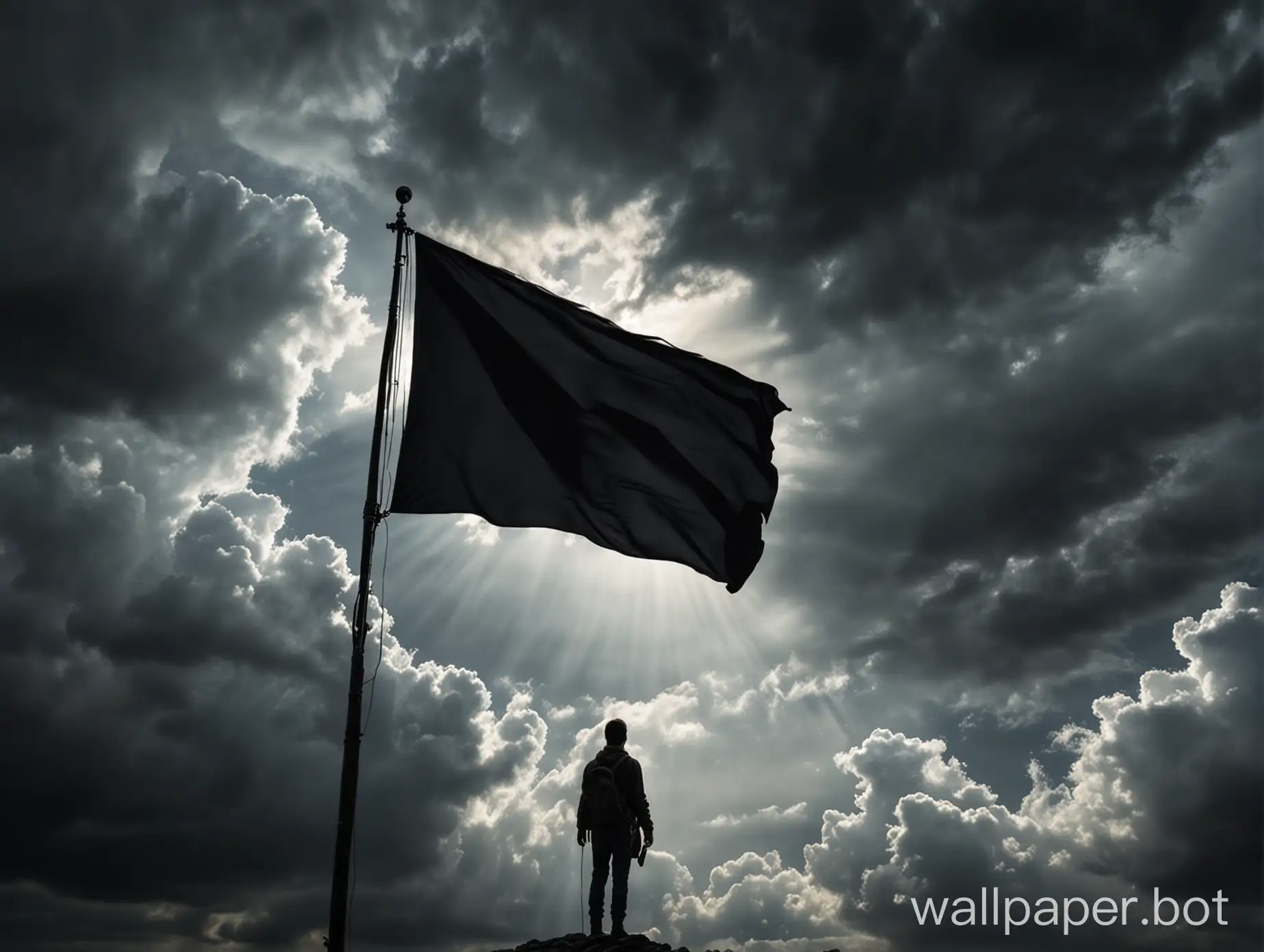 A person with a black flag is looking at the light in the sky between the clouds