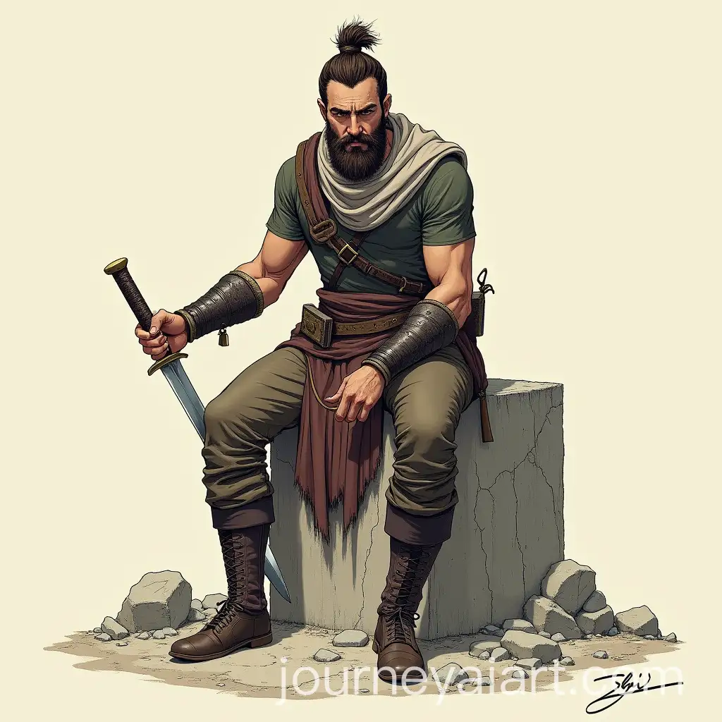 Conflicted-Man-with-Sword-and-Knife-on-Ruined-Pillar