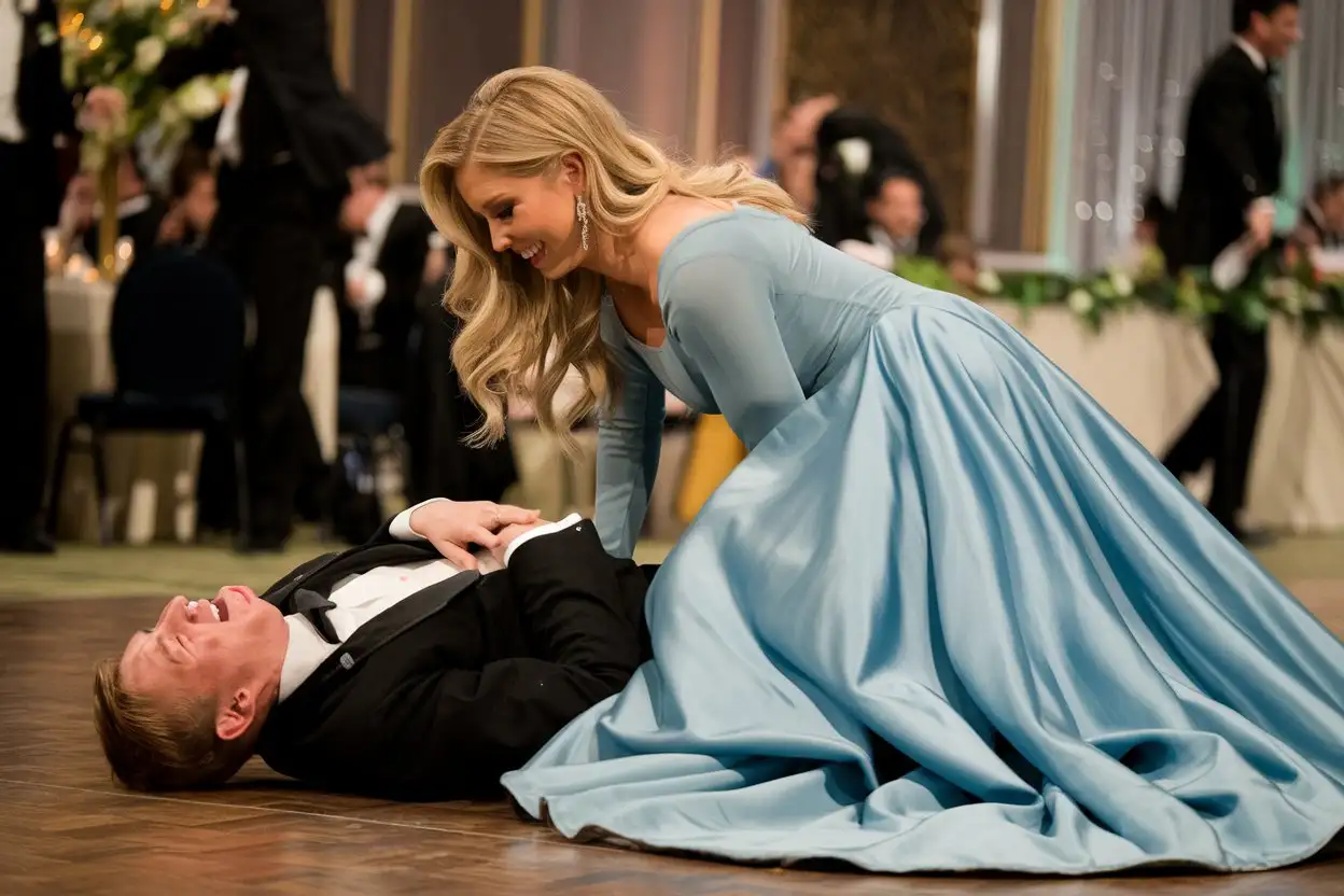 Hysterically-Laughing-Man-and-Woman-in-Satin-Ballgown-in-a-Ballroom