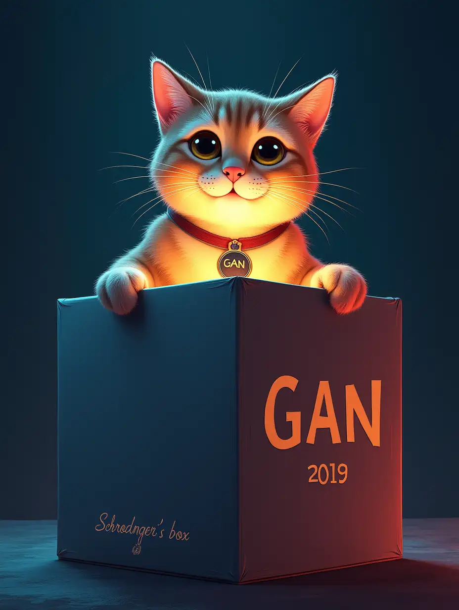 Beautiful illustration. Cat looks out of the box's top side. Cat is looking to the camera. Cat has medallion with the text 'GAN'. Box is standing with big side to the camera, there is text 'Schrödinger's box' on the box. Dramatic lights, presentation style, impressive illustration, high quality