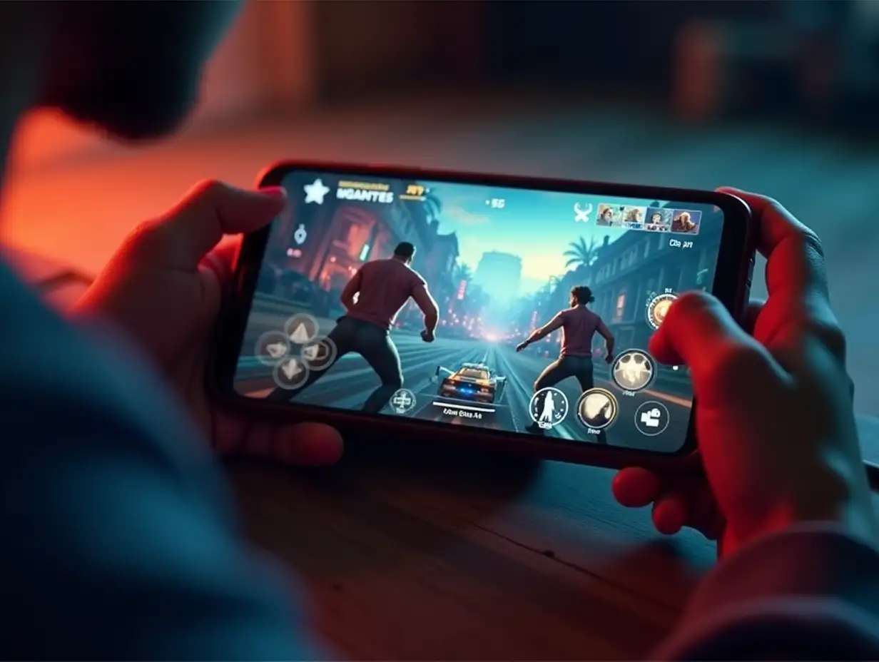 Create a dynamic thumbnail with a 16:9 aspect ratio. The main visual content should maintain a 4:3 ratio centered in the frame. Add black bars at the top and bottom to adjust the aspect ratio to 16:9, ensuring the main image remains intact without distortion. The thumbnail should include: Person playing a mobile game while charging: The screen should show a high-graphics game running, with visible heat warnings on the side. Ensure the main focus is on the colored characters and title text while the black bars add cinematic framing to achieve the 16:9 aspect ratio.