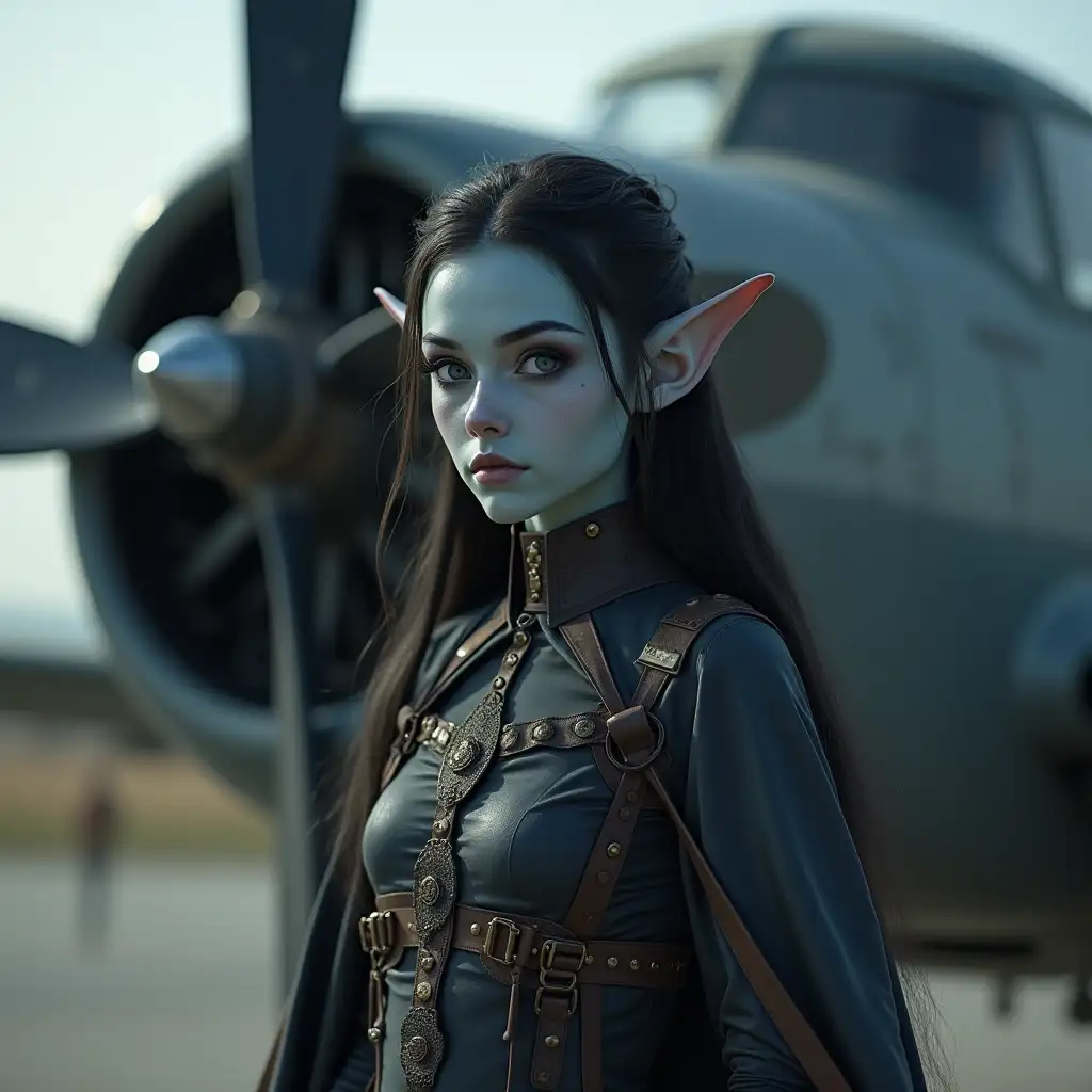 girl dark elf with bluish-gray skin in a costume in front of a large propeller airplane