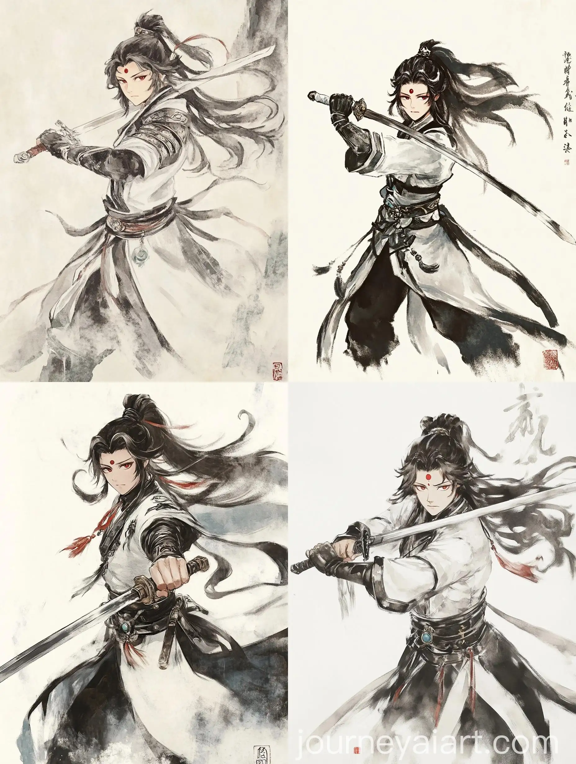 Ancient-Chinese-Female-Knight-in-Ink-Wash-Painting-with-Sword