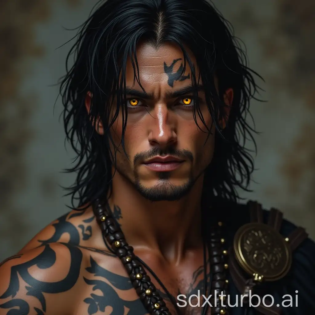 Handsome dark haired warrior with tattoos and golden eyes