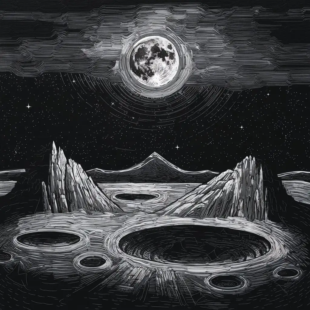 painted dark shining sky, full moon in the distance and cosmic mountain plains, black and white