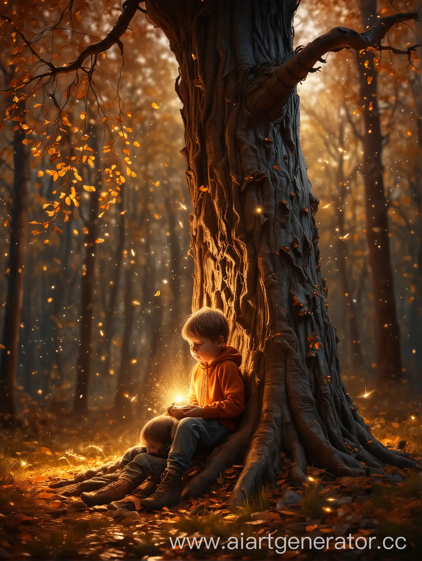 Child-Sitting-under-Autumn-Tree-with-Fireflies-in-Magical-Forest-Glow