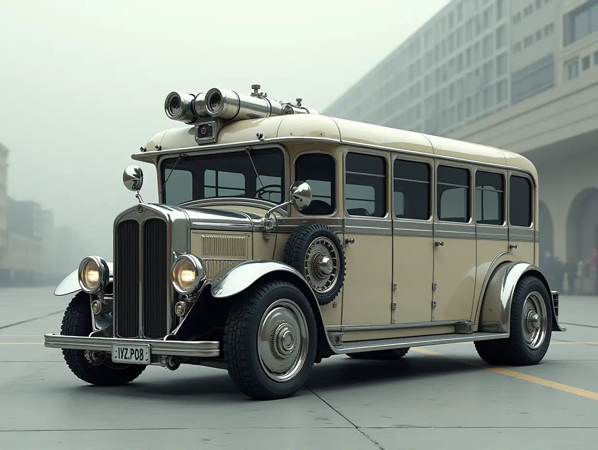 Supermodern utopian sports Omnibus with machine gun at the side with gears, lowered body, 18-inch rims, aluminum wheels, cream silver black Cyberpunk.