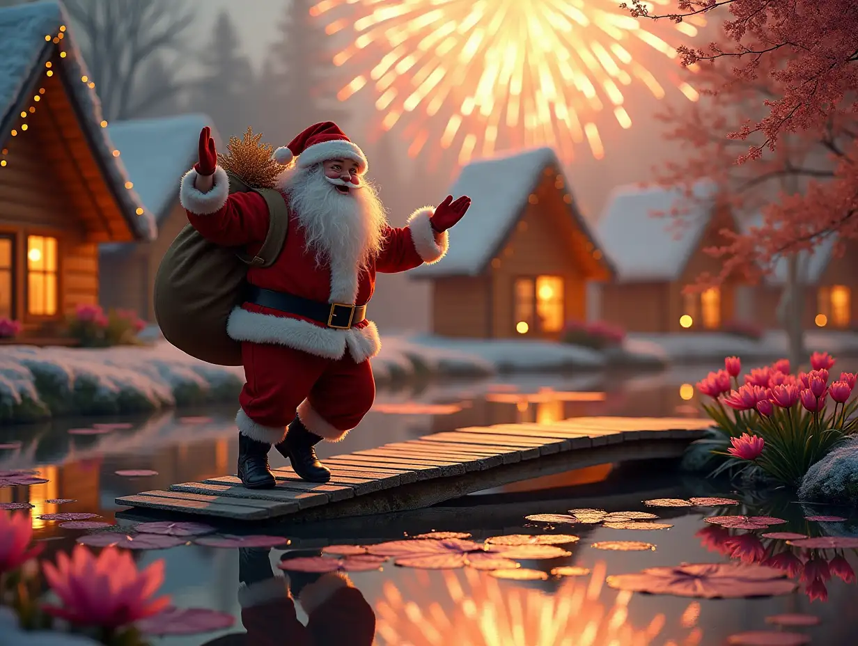 a cheerful and joyful Santa Claus with a bag of gifts is dancing on a small semicircular wooden bridge that spans a narrow river that flows into a large pond with pink lily pads, and on the other side of the pond with large pink lily pads there are 3 one-story chalet houses with panoramic windows in each wall of the house from floor to roof, that is each wall is a panoramic window, the chalet houses and trees and everything around are decorated with bright garlands of lights, sunset and lots of sunset sunlight, there are 5 flashes of large fireworks in the sky, the foreground is in focus and the background is blurred, do it in the style of realism