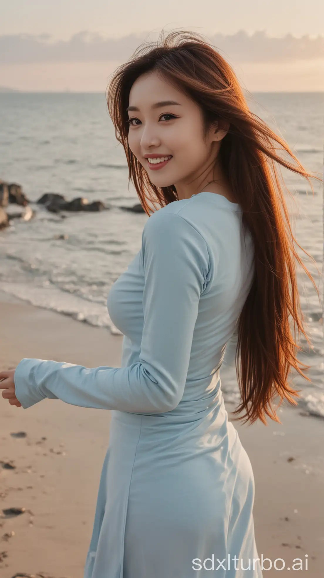 Chinese-Woman-in-Winter-Sunset-on-the-Beach-with-Sweet-Smile-and-Stylish-Outfit