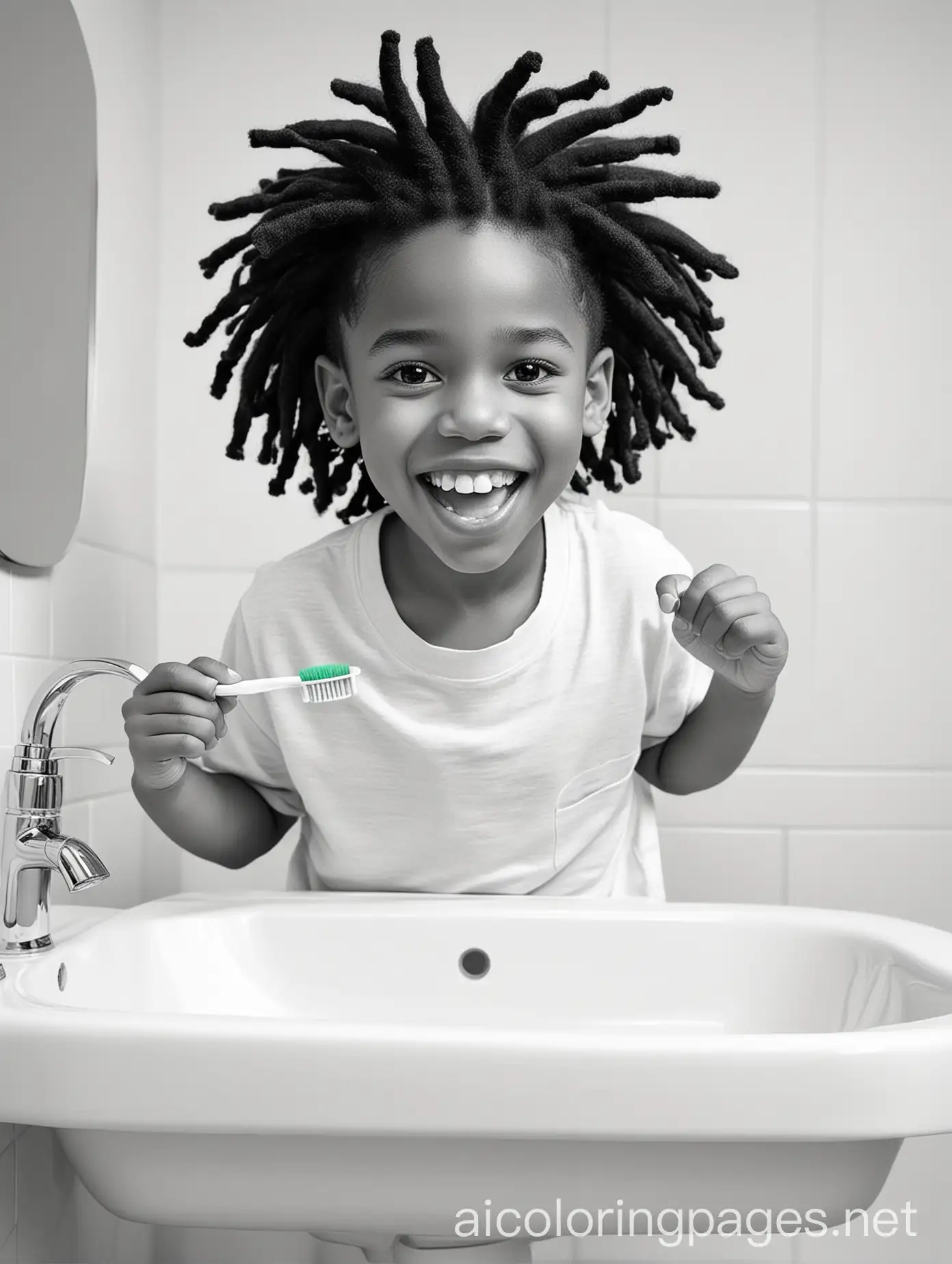 1 different African American boy with dreadlocks, happily brushing his teeth in a bathroom, Coloring Page, black and white, line art, white background, Simplicity, Ample White Space. The background of the coloring page is plain white to make it easy for young children to color within the lines. The outlines of all the subjects are easy to distinguish, no shading or value in the image, making it simple for kids to color without too much difficulty, Coloring Page, black and white, line art, white background, Simplicity, Ample White Space. The background of the coloring page is plain white to make it easy for young children to color within the lines. The outlines of all the subjects are easy to distinguish, making it simple for kids to color without too much difficulty