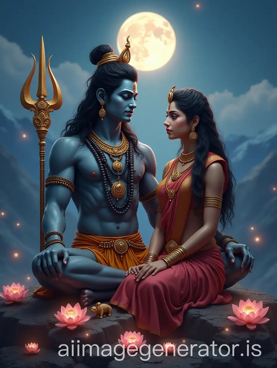 Lord-Shiva-and-Goddess-Parvati-Meditating-on-Mount-Kailash-with-Full-Moon