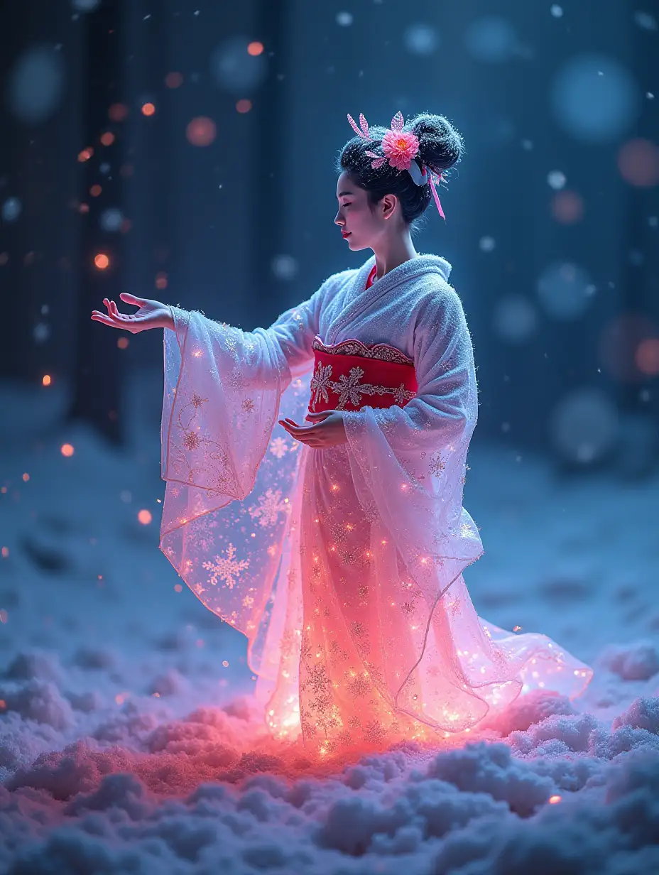 At a winter wonderland, Fractal neon holofluid data moshed Majestic Geisha