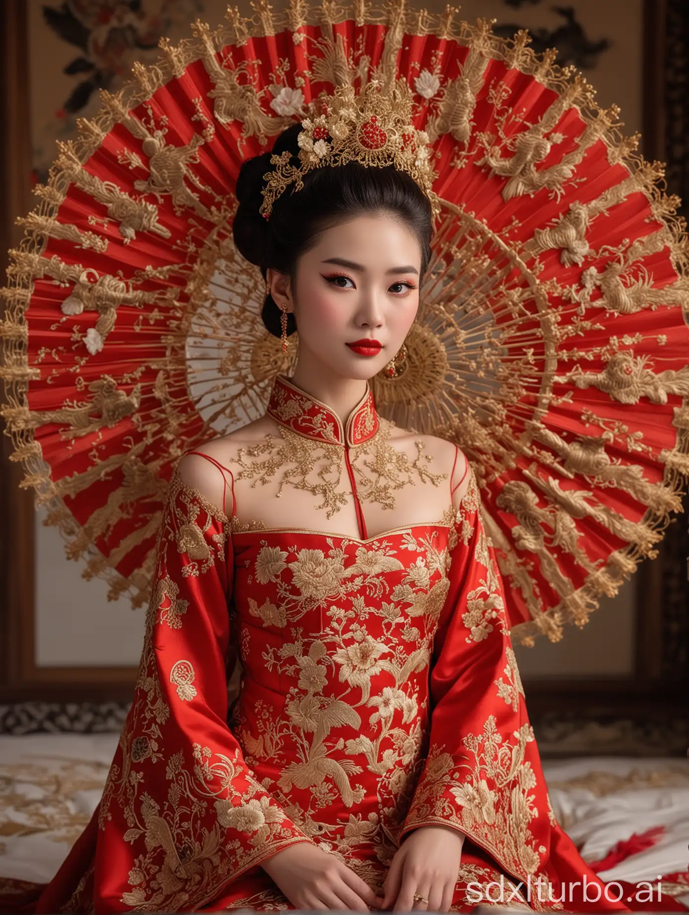 Elegant-Chinese-Palace-Bride-in-Traditional-Red-Wedding-Dress