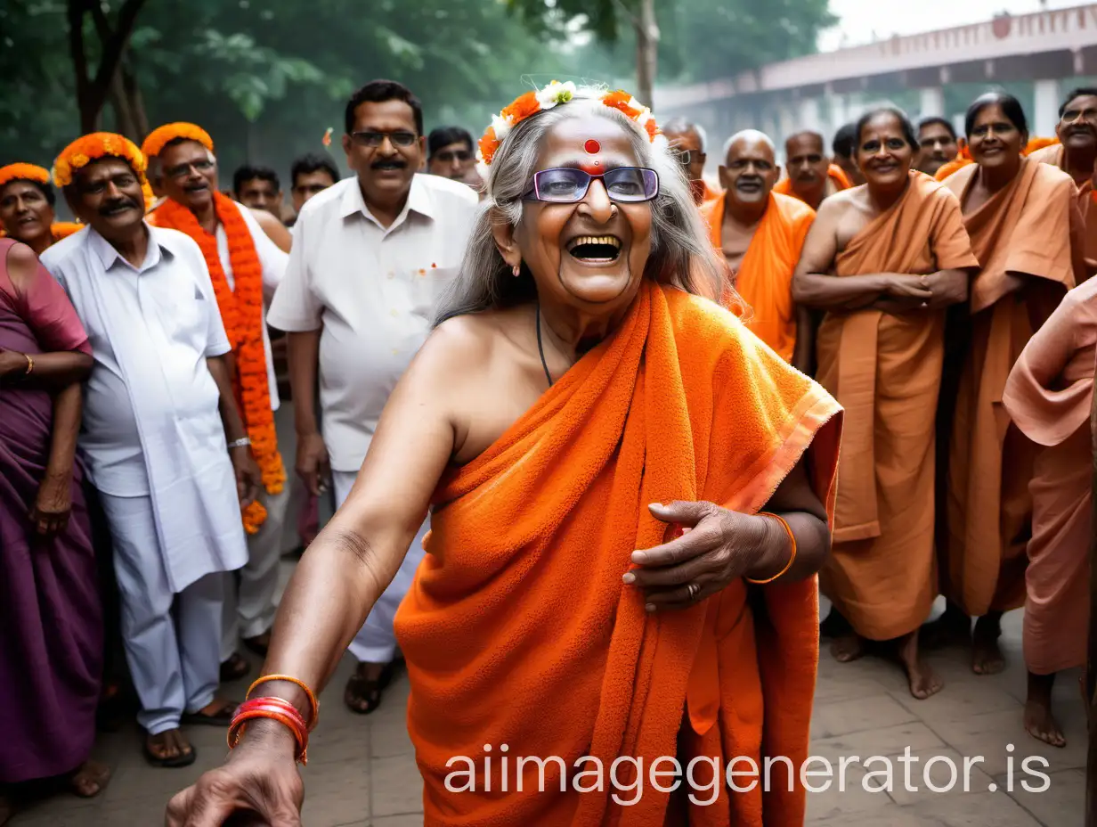 Elderly-Indian-Hindu-Woman-Monk-Smiling-in-Namaste-Pose-at-Ashram-Gate