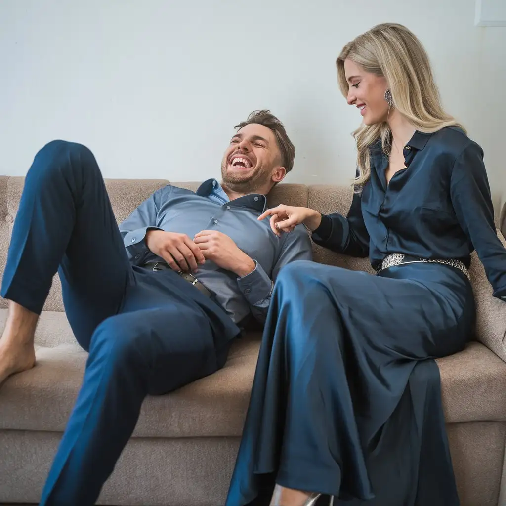 Man-Laughing-Hysterically-on-Sofa-with-Woman-in-Satin-Blouse-and-Maxi-Skirt