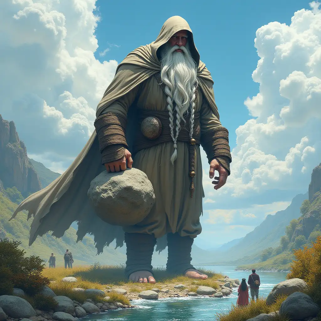 Mega titan 50 big meters with hood, white long beard with braids wearing a robe down to the ground carrying a rock, near a river, plants blue sky, strong clouds with people